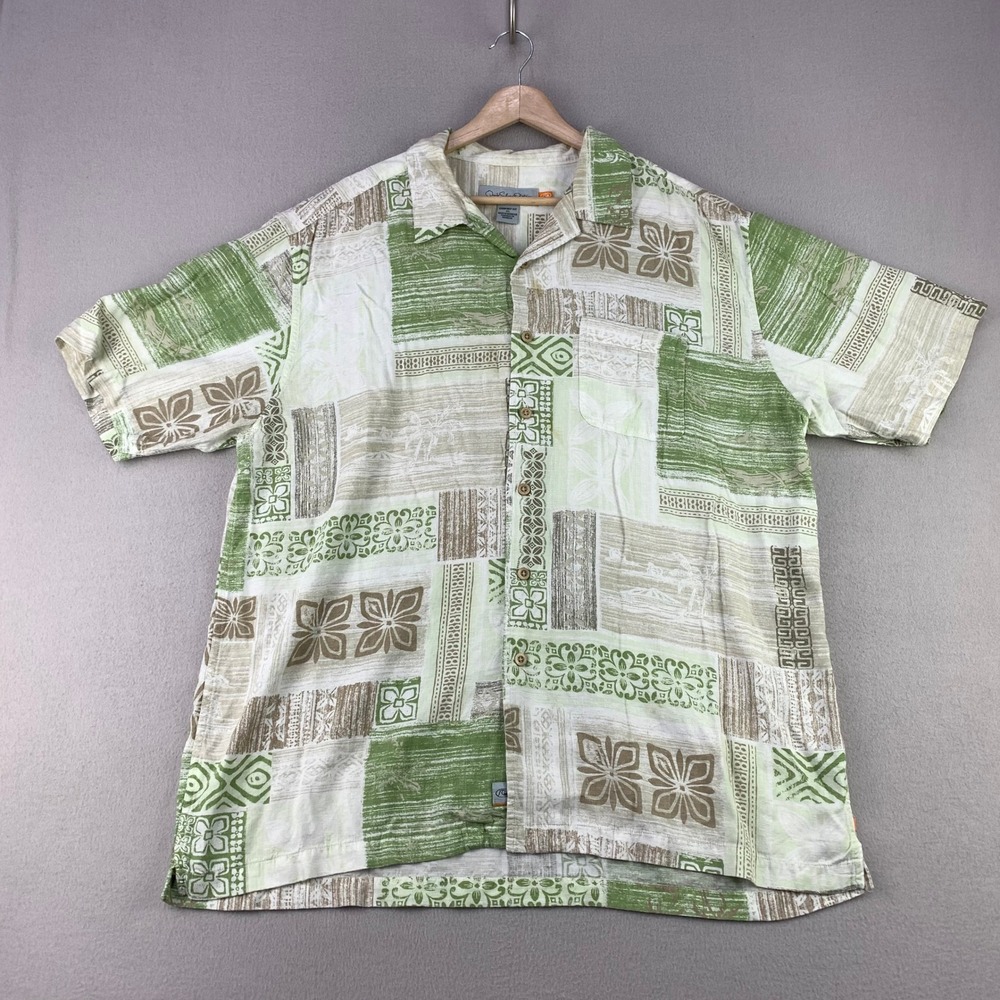 Vintage Quiksilver Hawaiian Shirt Mens XL Green Abstract Camp Collar Rayon Y2K
